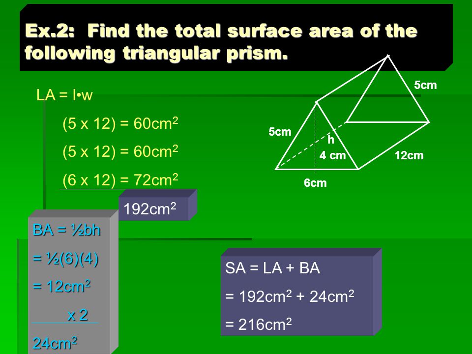 Ex.2: Find the total surface area of the following triangular prism.