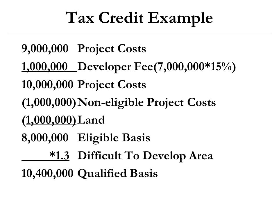 Tax Credit Example 9,000,000Project Costs 1,000,000Developer Fee(7,000,000*15%) 10,000,000Project Costs (1,000,000)Non-eligible Project Costs (1,000,000)Land 8,000,000Eligible Basis *1.3Difficult To Develop Area 10,400,000Qualified Basis