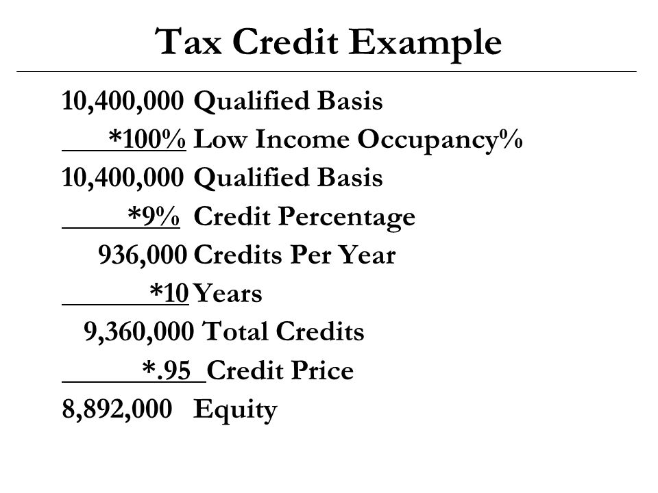 Tax Credit Example 10,400,000Qualified Basis *100%Low Income Occupancy% 10,400,000Qualified Basis *9%Credit Percentage 936,000Credits Per Year *10Years 9,360,000 Total Credits *.95 Credit Price 8,892,000Equity