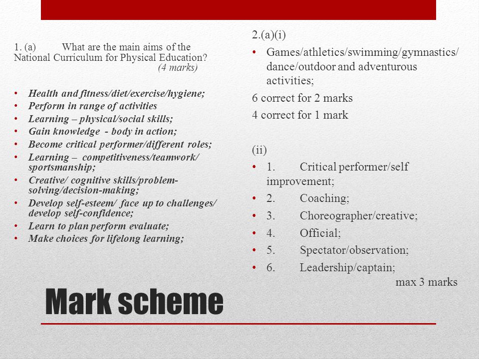Mark scheme 1. (a)What are the main aims of the National Curriculum for Physical Education.
