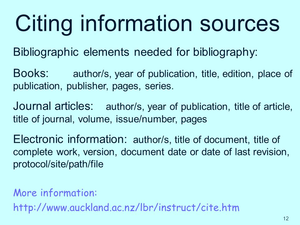 Citing information sources Bibliographic elements needed for bibliography: Books: author/s, year of publication, title, edition, place of publication, publisher, pages, series.