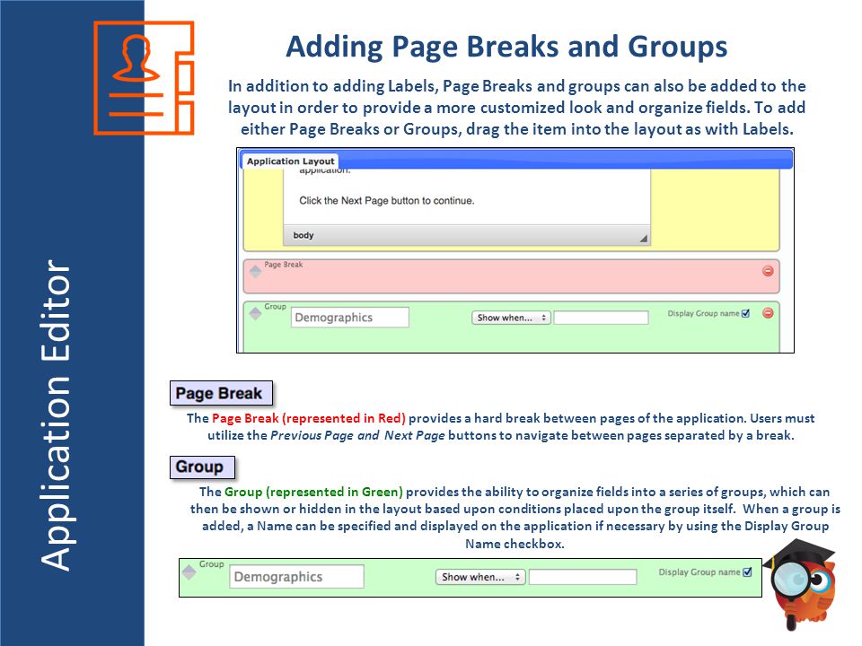 Application Editor Adding Page Breaks and Groups In addition to adding Labels, Page Breaks and groups can also be added to the layout in order to provide a more customized look and organize fields.