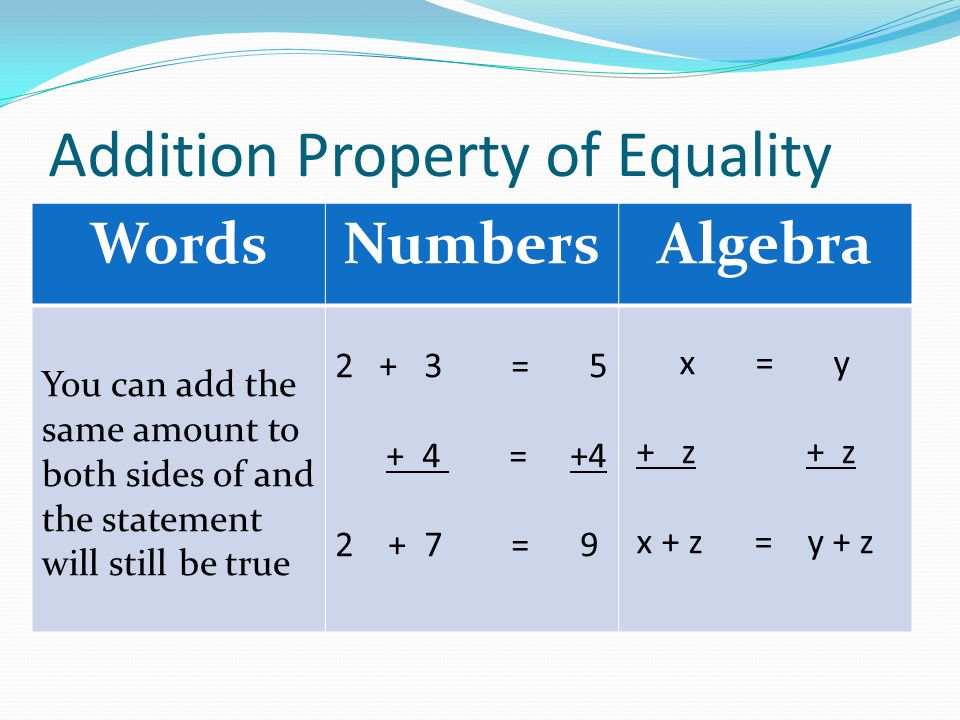 Addition Property of Equality WordsNumbersAlgebra You can add the same amount to both sides of and the statement will still be true = = = 9 x = y + z + z x + z = y + z