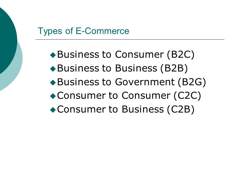 Types of E-Commerce u Business to Consumer (B2C) u Business to Business (B2B) u Business to Government (B2G) u Consumer to Consumer (C2C) u Consumer to Business (C2B)