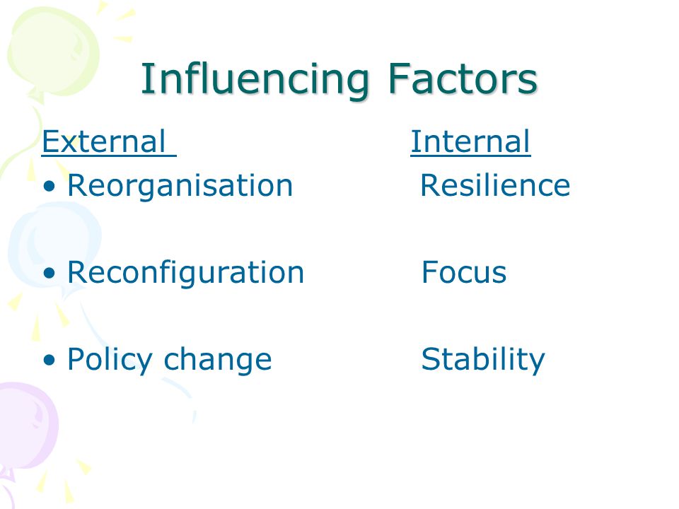 Influencing Factors External Internal Reorganisation Resilience Reconfiguration Focus Policy change Stability