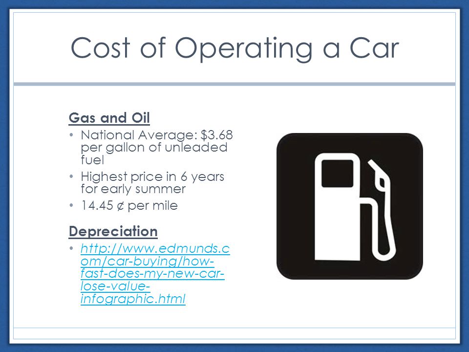 Cost of Operating a Car Gas and Oil National Average: $3.68 per gallon of unleaded fuel Highest price in 6 years for early summer ¢ per mile Depreciation   om/car-buying/how- fast-does-my-new-car- lose-value- infographic.html   om/car-buying/how- fast-does-my-new-car- lose-value- infographic.html