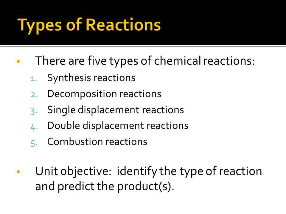 There are five types of chemical reactions: 1. Synthesis reactions 2.