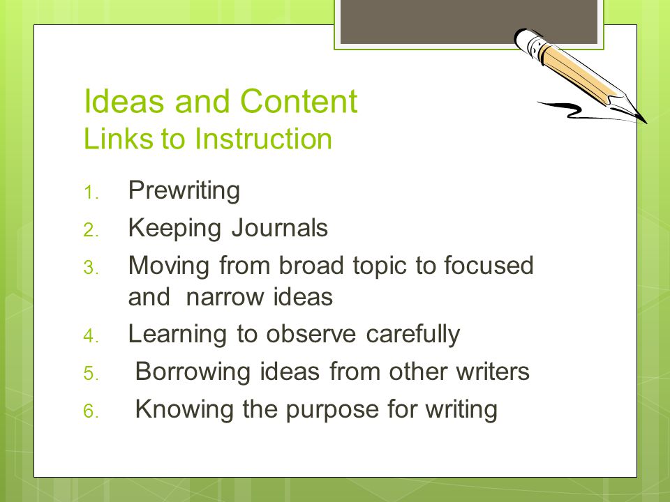 Ideas and Content Links to Instruction 1. Prewriting 2.