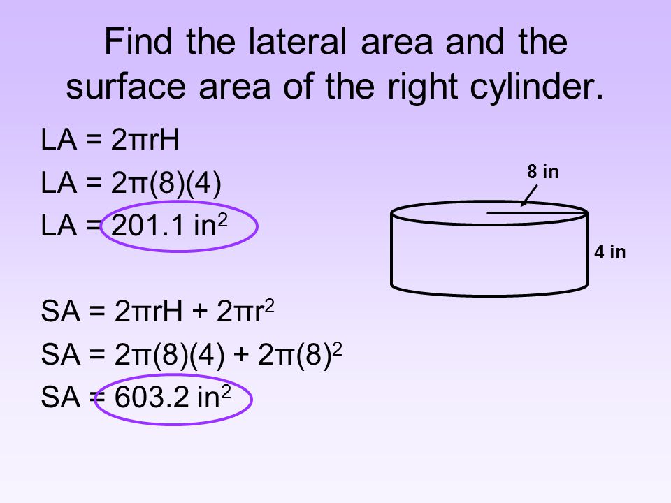 Find the lateral area and the surface area of the right cylinder.