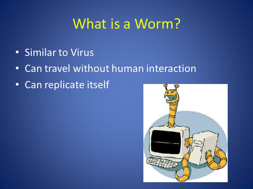 What is a Worm Similar to Virus Can travel without human interaction Can replicate itself