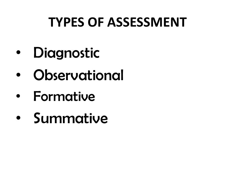 TYPES OF ASSESSMENT Diagnostic Observational Formative Summative