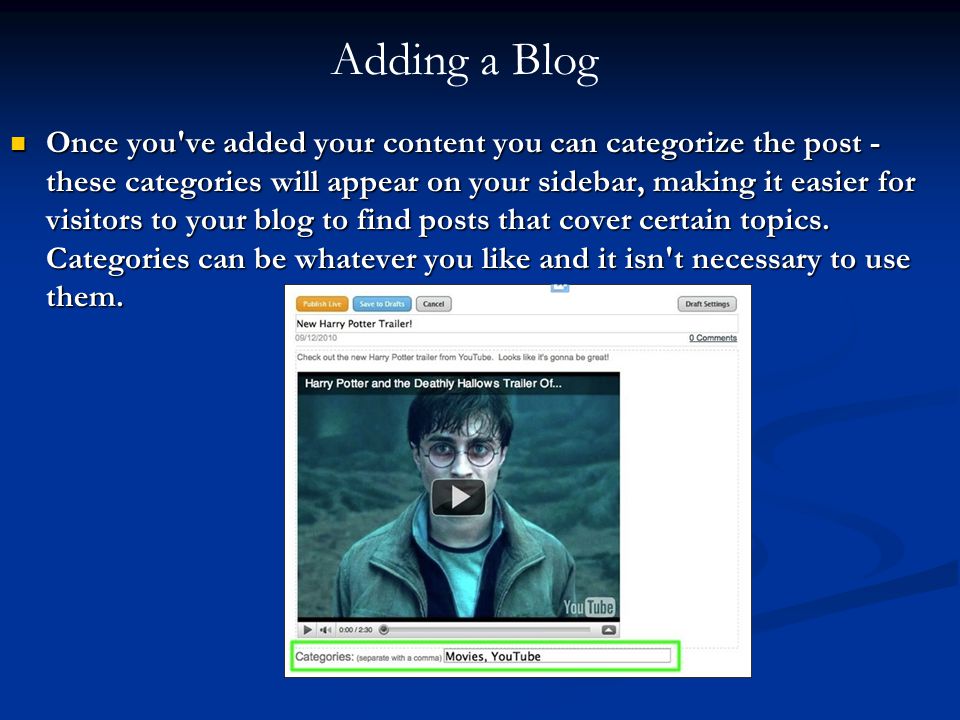 Once you ve added your content you can categorize the post - these categories will appear on your sidebar, making it easier for visitors to your blog to find posts that cover certain topics.