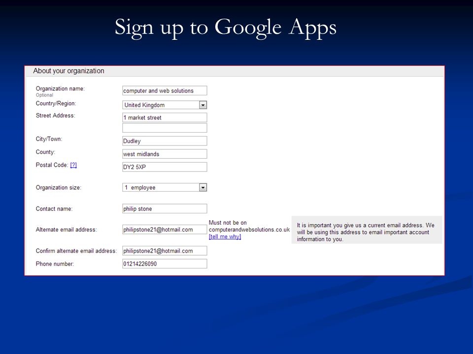 Sign up to Google Apps