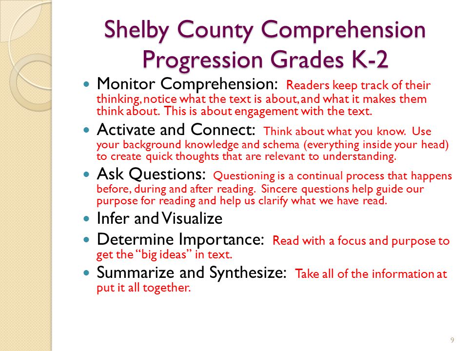 Shelby County Comprehension Progression Grades K-2 Monitor Comprehension: Readers keep track of their thinking, notice what the text is about, and what it makes them think about.