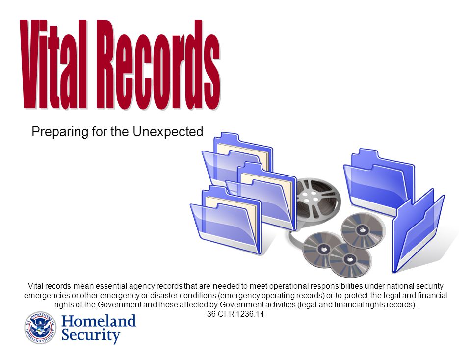 Vital records mean essential agency records that are needed to meet operational responsibilities under national security emergencies or other emergency or disaster conditions (emergency operating records) or to protect the legal and financial rights of the Government and those affected by Government activities (legal and financial rights records).