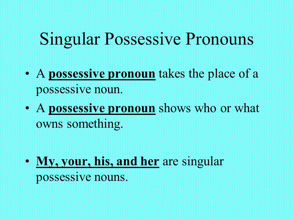 Singular Possessive Pronouns A possessive pronoun takes the place of a possessive noun.