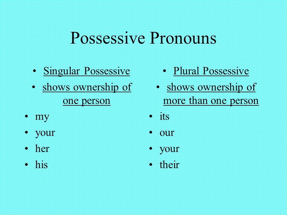 Possessive Pronouns Singular Possessive shows ownership of one person my your her his Plural Possessive shows ownership of more than one person its our your their