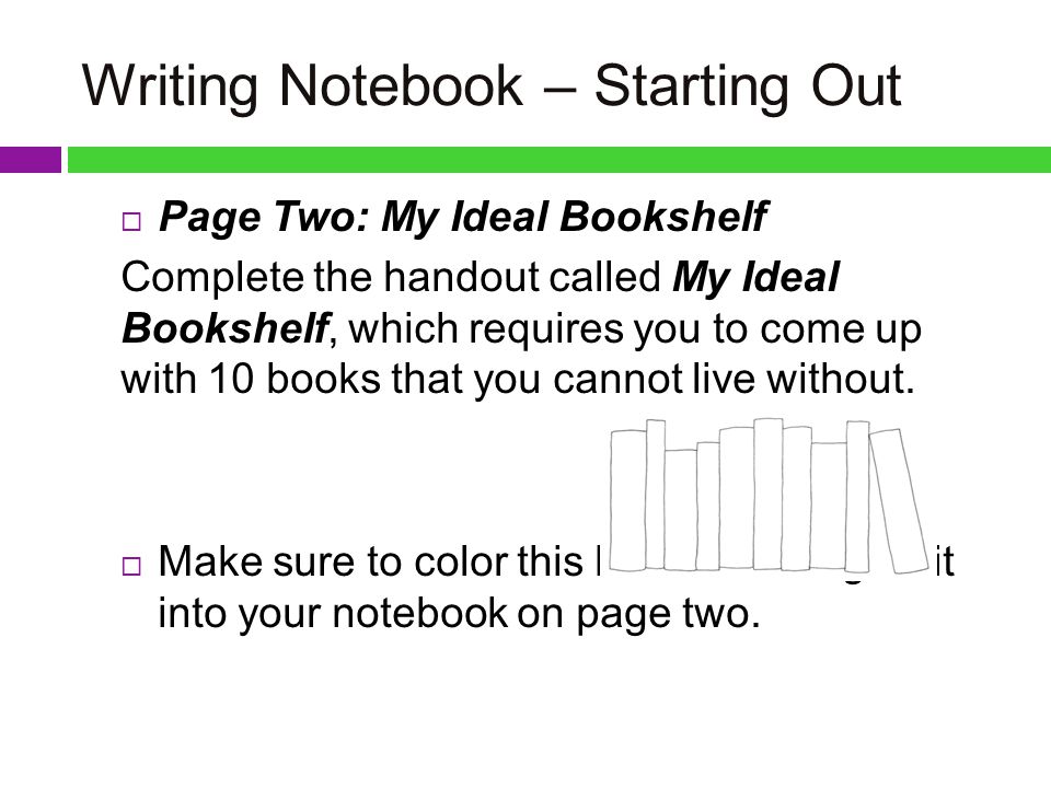 Writing Notebook – Starting Out  Page Two: My Ideal Bookshelf Complete the handout called My Ideal Bookshelf, which requires you to come up with 10 books that you cannot live without.