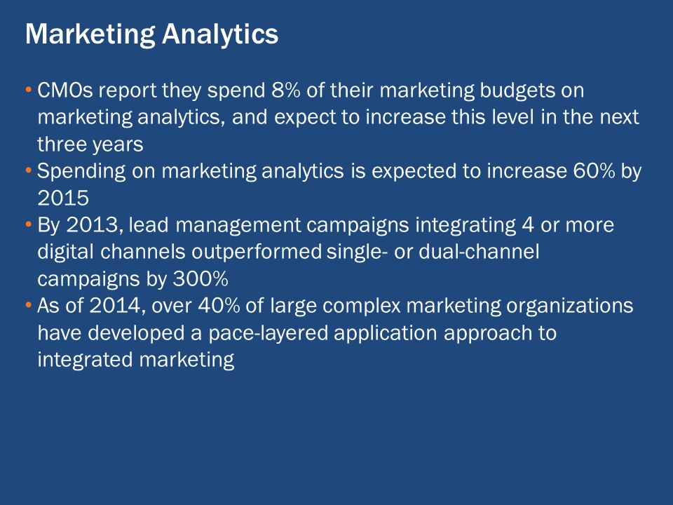 CMOs report they spend 8% of their marketing budgets on marketing analytics, and expect to increase this level in the next three years Spending on marketing analytics is expected to increase 60% by 2015 By 2013, lead management campaigns integrating 4 or more digital channels outperformed single- or dual-channel campaigns by 300% As of 2014, over 40% of large complex marketing organizations have developed a pace-layered application approach to integrated marketing