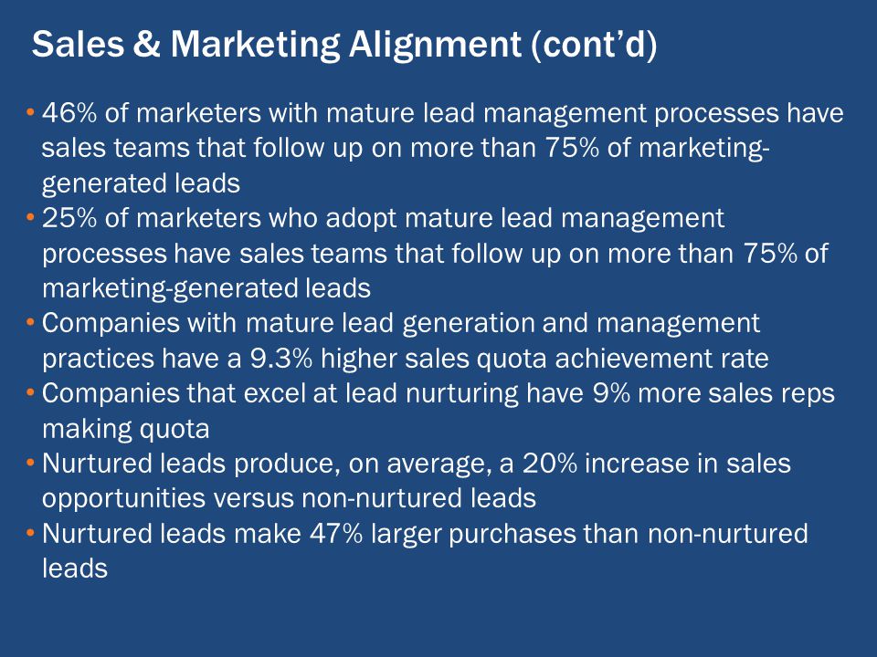 Sales & Marketing Alignment (cont’d) 46% of marketers with mature lead management processes have sales teams that follow up on more than 75% of marketing- generated leads 25% of marketers who adopt mature lead management processes have sales teams that follow up on more than 75% of marketing-generated leads Companies with mature lead generation and management practices have a 9.3% higher sales quota achievement rate Companies that excel at lead nurturing have 9% more sales reps making quota Nurtured leads produce, on average, a 20% increase in sales opportunities versus non-nurtured leads Nurtured leads make 47% larger purchases than non-nurtured leads