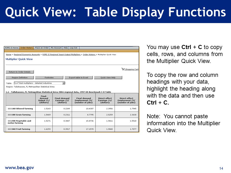 14 Quick View: Table Display Functions You may use Ctrl + C to copy cells, rows, and columns from the Multiplier Quick View.