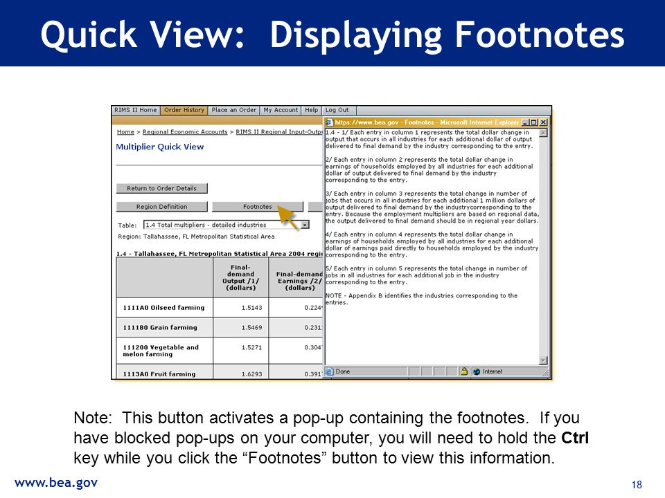 18 Quick View: Displaying Footnotes Note: This button activates a pop-up containing the footnotes.