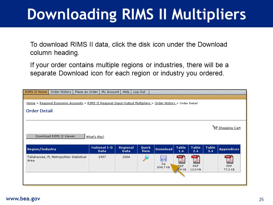 25 Downloading RIMS II Multipliers To download RIMS II data, click the disk icon under the Download column heading.