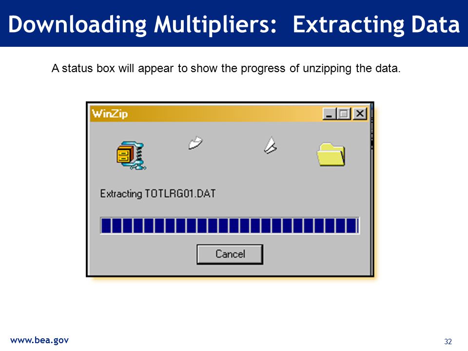 32 Downloading Multipliers: Extracting Data A status box will appear to show the progress of unzipping the data.