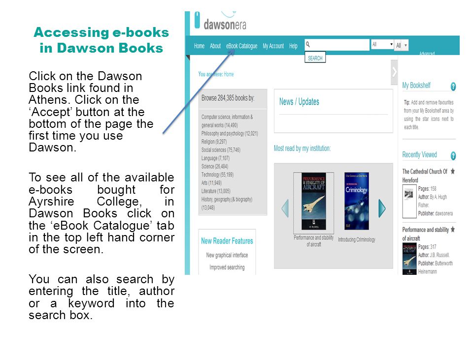 Accessing e-books in Dawson Books Click on the Dawson Books link found in Athens.