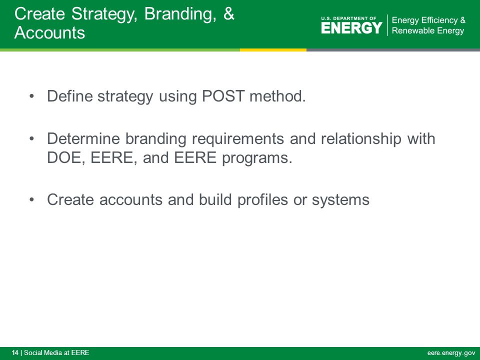 14 | Social Media at EEREeere.energy.gov Define strategy using POST method.
