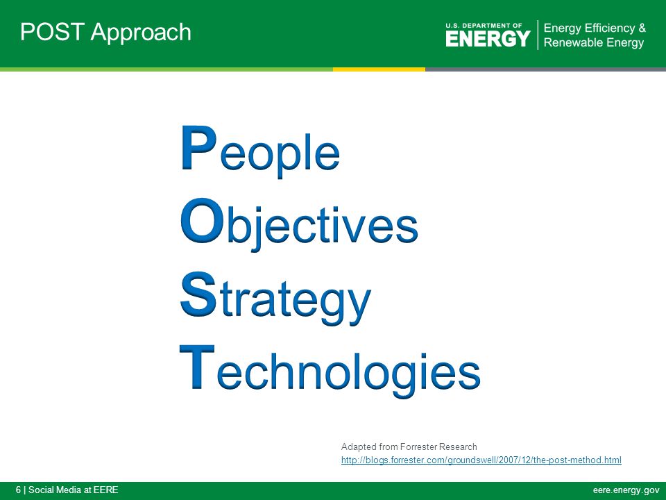 6 | Social Media at EEREeere.energy.gov POST Approach Adapted from Forrester Research