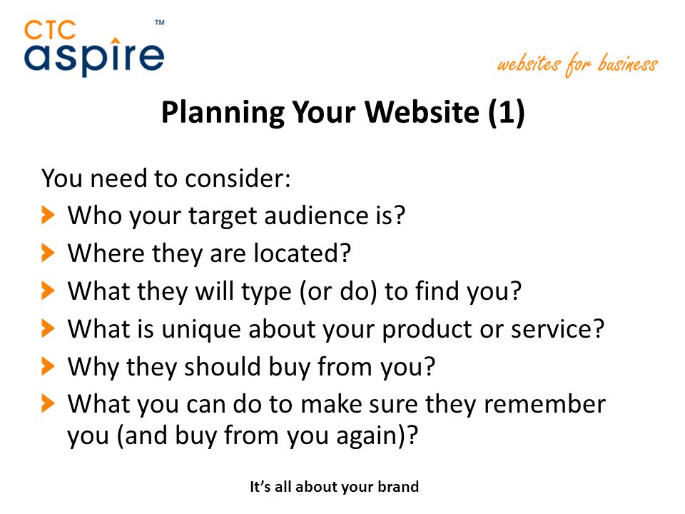 Planning Your Website (1) You need to consider: Who your target audience is.