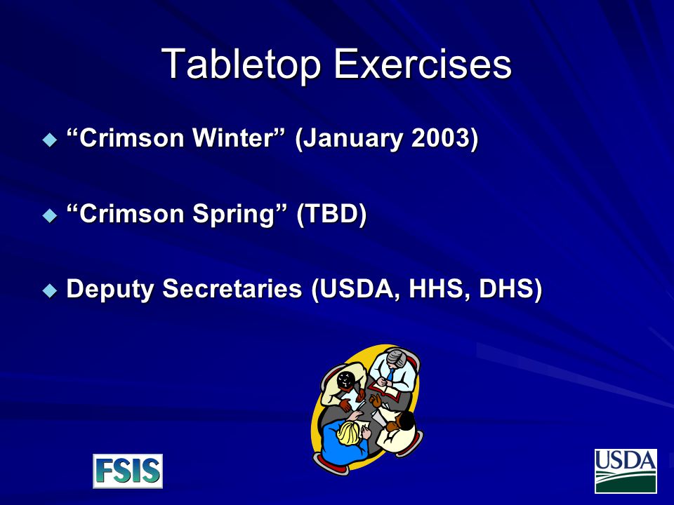 Tabletop Exercises  Crimson Winter (January 2003)  Crimson Spring (TBD)  Deputy Secretaries (USDA, HHS, DHS)