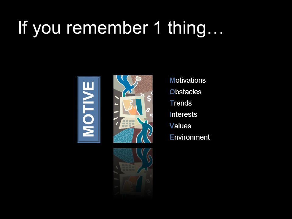 If you remember 1 thing… Motivations Obstacles Trends Interests Values Environment MOTIVE