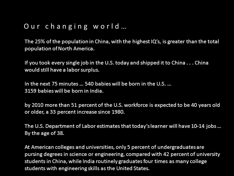 Our changing world… The 25% of the population in China, with the highest IQ’s, is greater than the total population of North America.