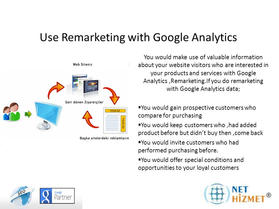 Use Remarketing with Google Analytics You would make use of valuable information about your website visitors who are interested in your products and services with Google Analytics,Remarketing.If you do remarketing with Google Analytics data;  You would gain prospective customers who compare for purchasing  You would keep customers who,had added product before but didn’t buy then,come back  You would invite customers who had performed purchasing before.