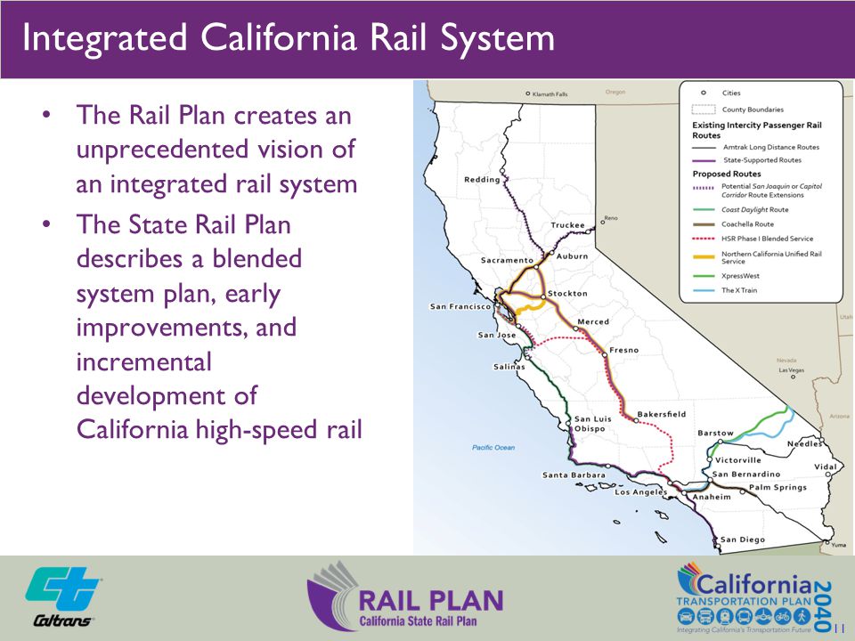 The Rail Plan creates an unprecedented vision of an integrated rail system The State Rail Plan describes a blended system plan, early improvements, and incremental development of California high-speed rail Integrated California Rail System 11