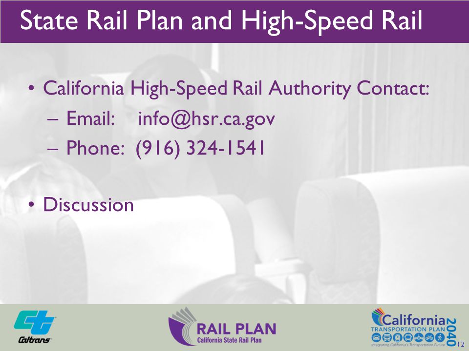 California High-Speed Rail Authority Contact: –   – Phone: (916) Discussion State Rail Plan and High-Speed Rail 12