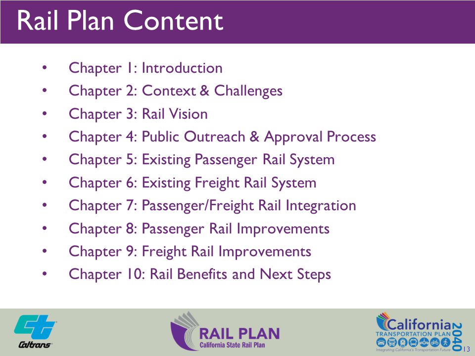 Chapter 1: Introduction Chapter 2: Context & Challenges Chapter 3: Rail Vision Chapter 4: Public Outreach & Approval Process Chapter 5: Existing Passenger Rail System Chapter 6: Existing Freight Rail System Chapter 7: Passenger/Freight Rail Integration Chapter 8: Passenger Rail Improvements Chapter 9: Freight Rail Improvements Chapter 10: Rail Benefits and Next Steps Rail Plan Content 13