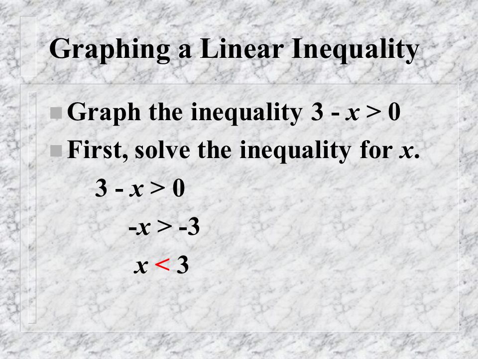 Graphing a Linear Inequality n Graph the inequality 3 - x > 0 n First, solve the inequality for x.