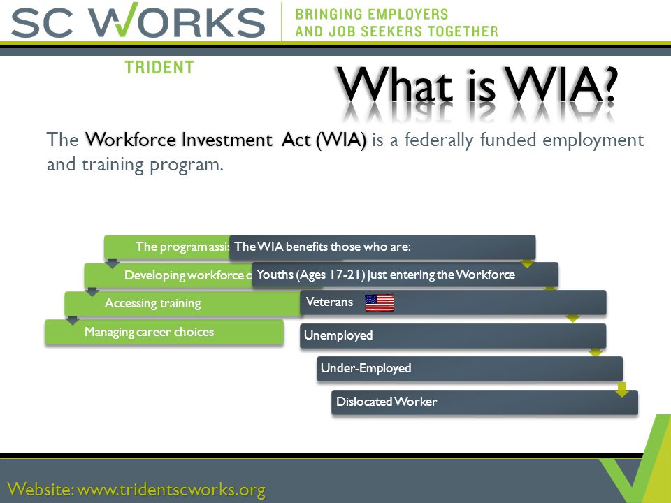 Website:   Managing career choices Accessing training Developing workforce opportunities The program assists customers with: Dislocated Worker Unemployed Under-Employed Youths (Ages 17-21) just entering the Workforce The WIA benefits those who are: TheWorkforceInvestmentAct(WIA) is a federally funded employment and training program.