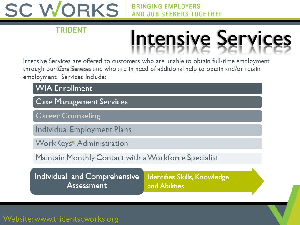 Website:   WIA Enrollment Case Management Services Career Counseling Individual Employment Plans Identifies Skills, Knowledge and Abilities Individual and Comprehensive Assessment Website:   WorkKeys Administration Maintain Monthly Contact with a Workforce Specialist Core Services Intensive Services are offered to customers who are unable to obtain full-time employment through our Core Services and who are in need of additional help to obtain and/or retain employment.