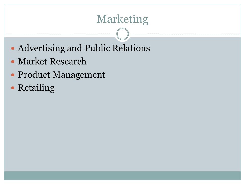Marketing Advertising and Public Relations Market Research Product Management Retailing