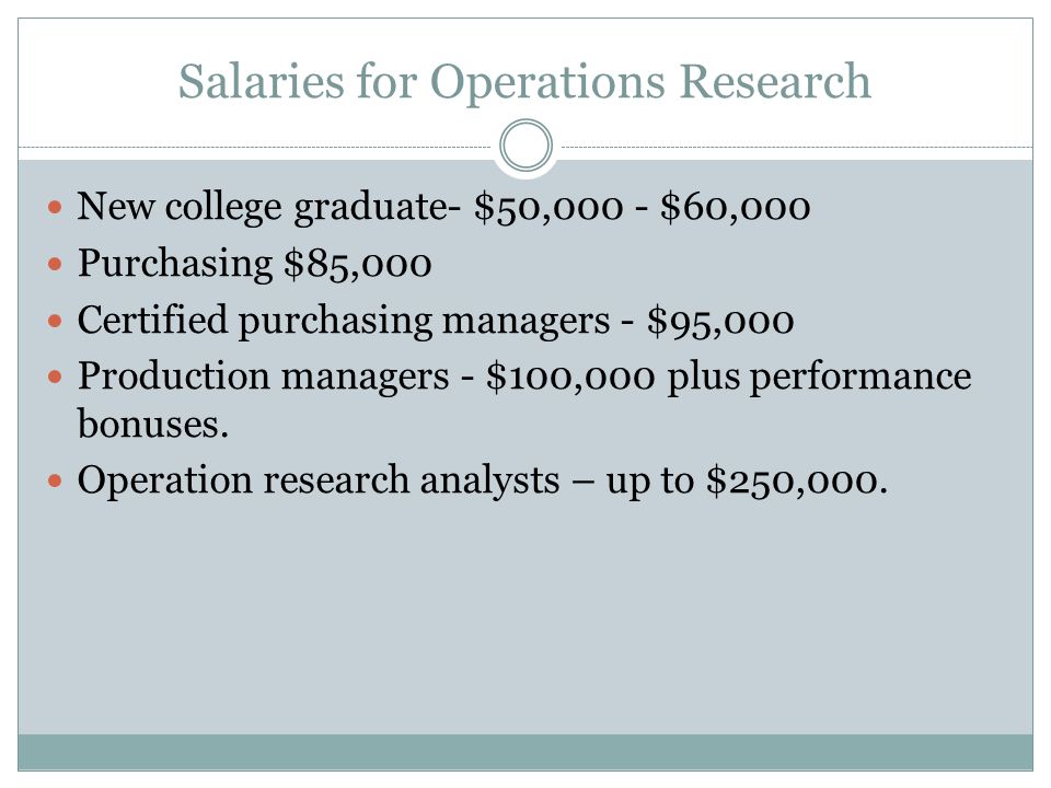 Salaries for Operations Research New college graduate- $50,000 - $60,000 Purchasing $85,000 Certified purchasing managers - $95,000 Production managers - $100,000 plus performance bonuses.