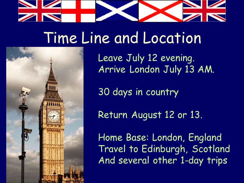 Time Line and Location Leave July 12 evening. Arrive London July 13 AM.