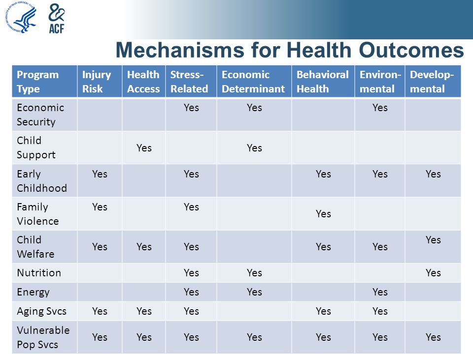 Mechanisms for Health Outcomes Program Type Injury Risk Health Access Stress- Related Economic Determinant Behavioral Health Environ- mental Develop- mental Economic Security Yes Child Support Yes Early Childhood Yes Family Violence Yes Child Welfare Yes Nutrition Yes Energy Yes Aging Svcs Yes Vulnerable Pop Svcs Yes
