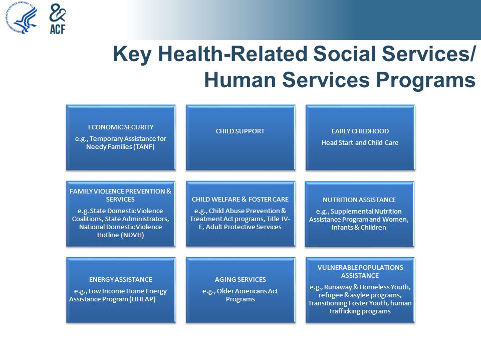 Key Health-Related Social Services/ Human Services Programs ECONOMIC SECURITY e.g., Temporary Assistance for Needy Families (TANF) CHILD SUPPORTEARLY CHILDHOOD Head Start and Child Care FAMILY VIOLENCE PREVENTION & SERVICES e.g.