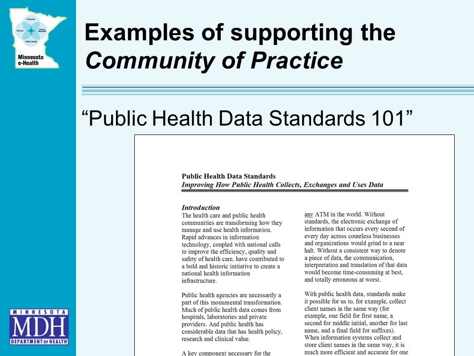 Examples of supporting the Community of Practice Public Health Data Standards 101