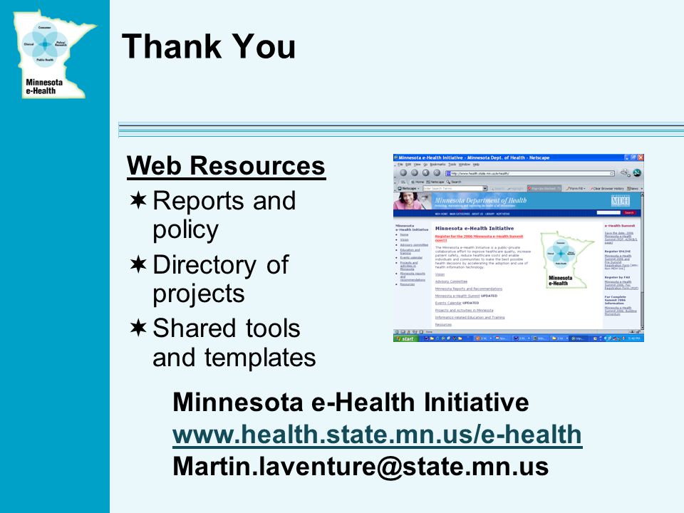 Thank You Web Resources  Reports and policy  Directory of projects  Shared tools and templates Minnesota e-Health Initiative