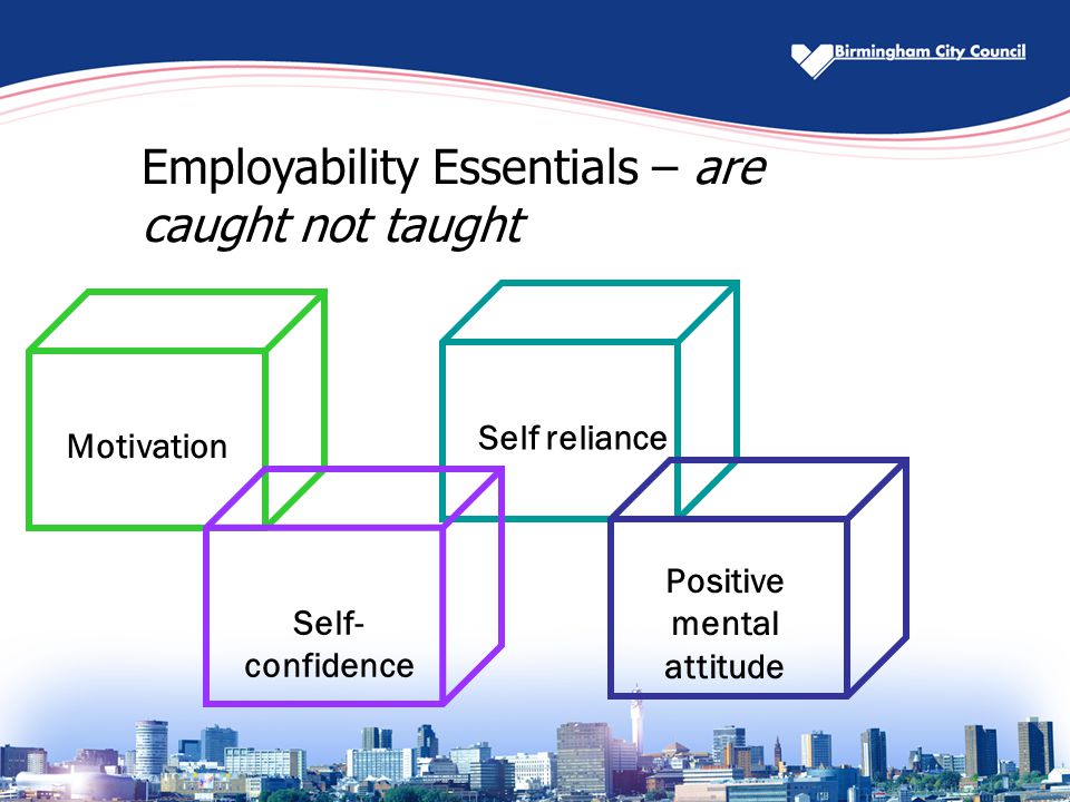 Employability Essentials – are caught not taught Motivation Self reliance Self- confidence Positive mental attitude